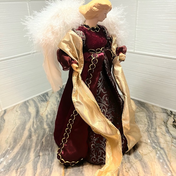 Burgundy Angel Christmas Tree Topper Holiday Decor Feather Wings - Picture 6 of 8